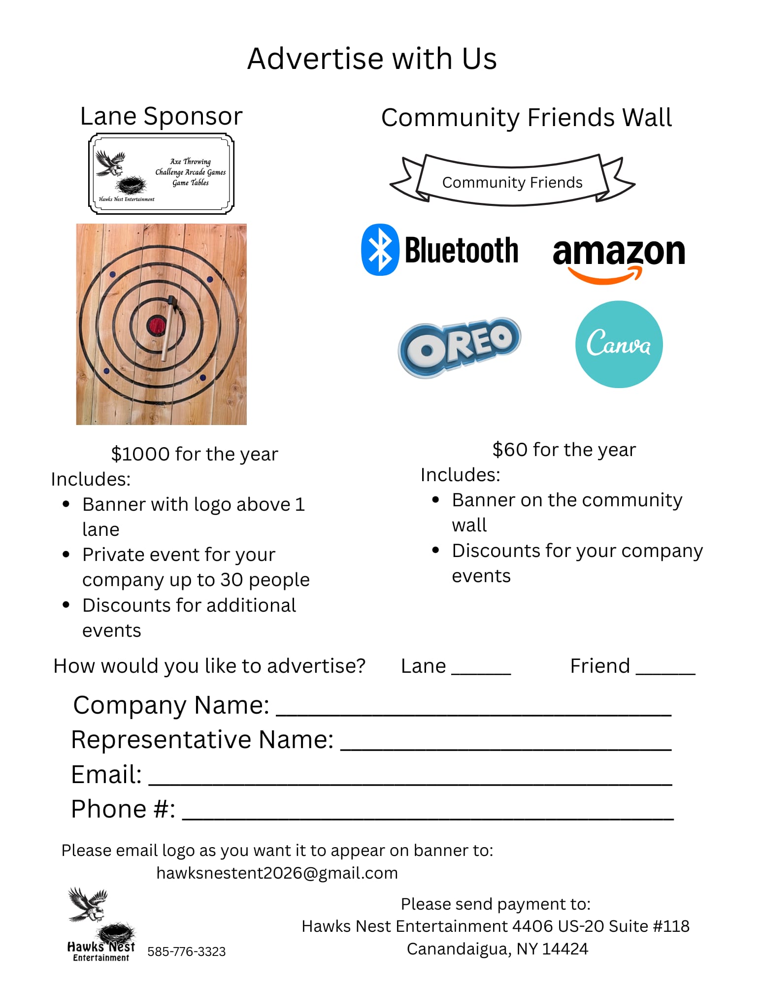 Advertise your business at Hawk's Nest